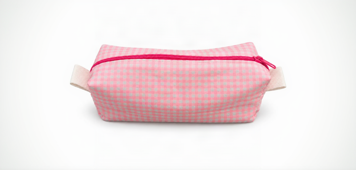 Estuche Rectangular Vichy Rosa Pastel y Cremallera Fucsia