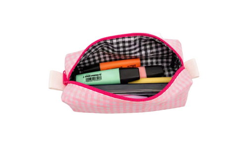 Estuche Rectangular Vichy Rosa Pastel y Cremallera Fucsia